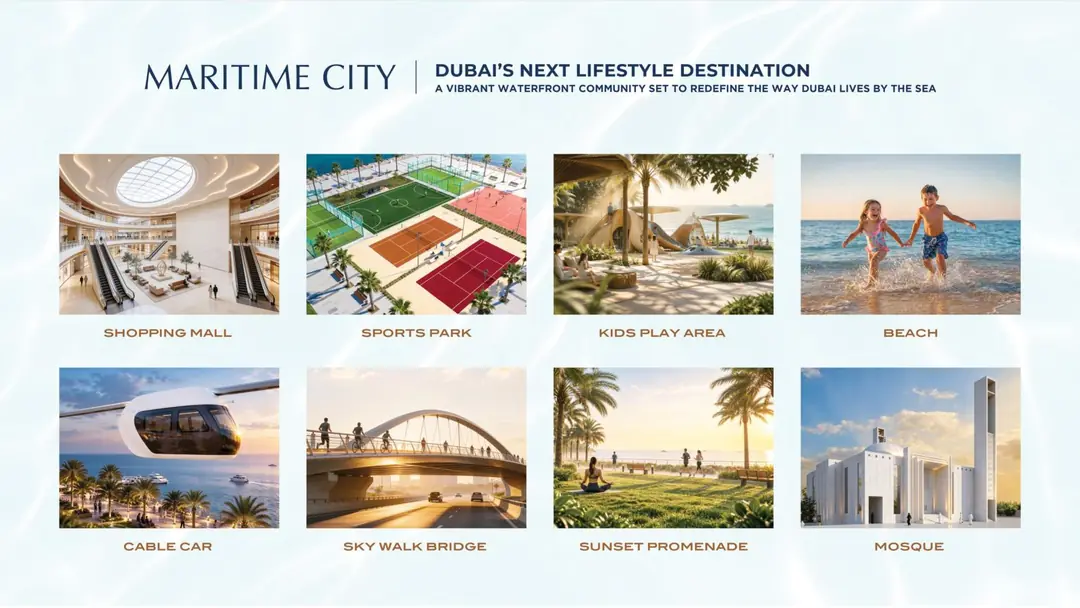 Dubai Maritime City community with mall, beach, cable car and mosque near Shahrukhz Residences