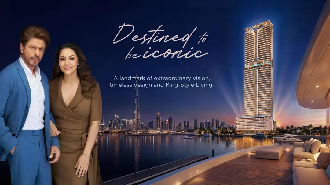 Shah Rukh Khan and Gauri Khan with the Shahrukhz Residences tower