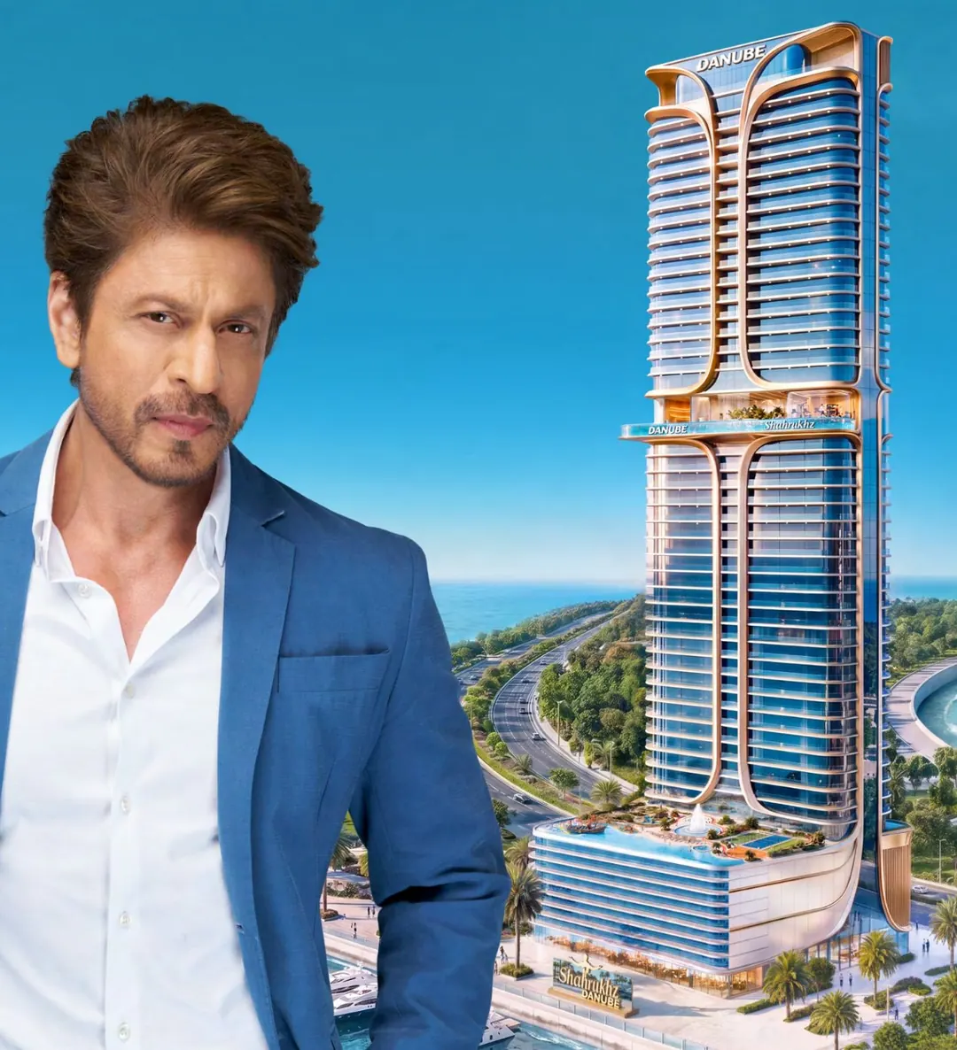 Shah Rukh Khan with the Shahrukhz Residences by Danube tower in Dubai Maritime City