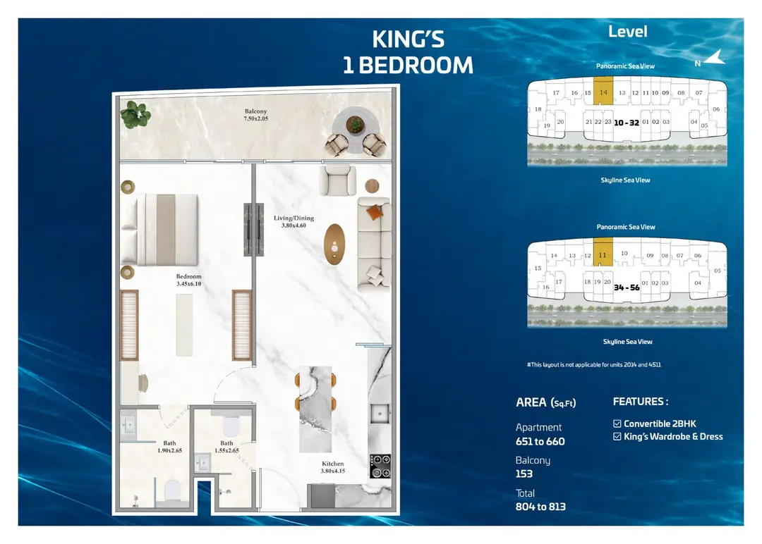 Shahrukhz Residences King's 1 Bedroom floor plan with 804 to 813 sq ft total area